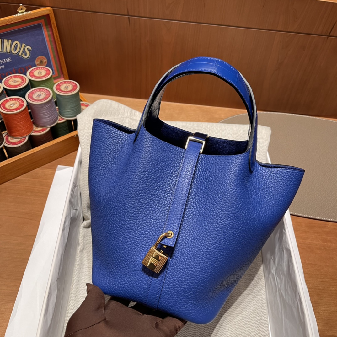 에르메스 피코탄 락18 블루 금장 끌레망스 악어가죽 핸들